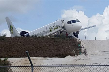 Bumpy Landing: The Fly Jamaica Aircraft after its ‘bumpy’ landing at the CJIA