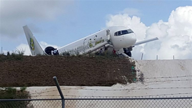 Bumpy Landing: The Fly Jamaica Aircraft after its ‘bumpy’ landing at the CJIA