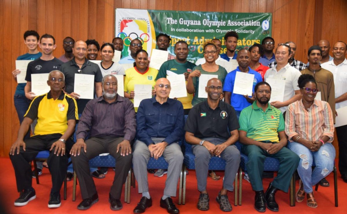 President of the Guyana Olympic Association,  K.A. Juman Yassin (seated third from left) along with some of the facilitators and the participants of the IOC Sport Administrators’ course pose for a photo following the four-day event on Sunday.
