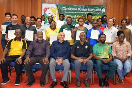 President of the Guyana Olympic Association,  K.A. Juman Yassin (seated third from left) along with some of the facilitators and the participants of the IOC Sport Administrators’ course pose for a photo following the four-day event on Sunday.
