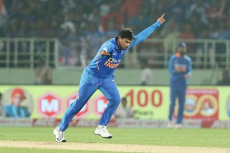 Kuldeep Yadav exults after capturing a hat-trick yesterday. (ICC photo)
