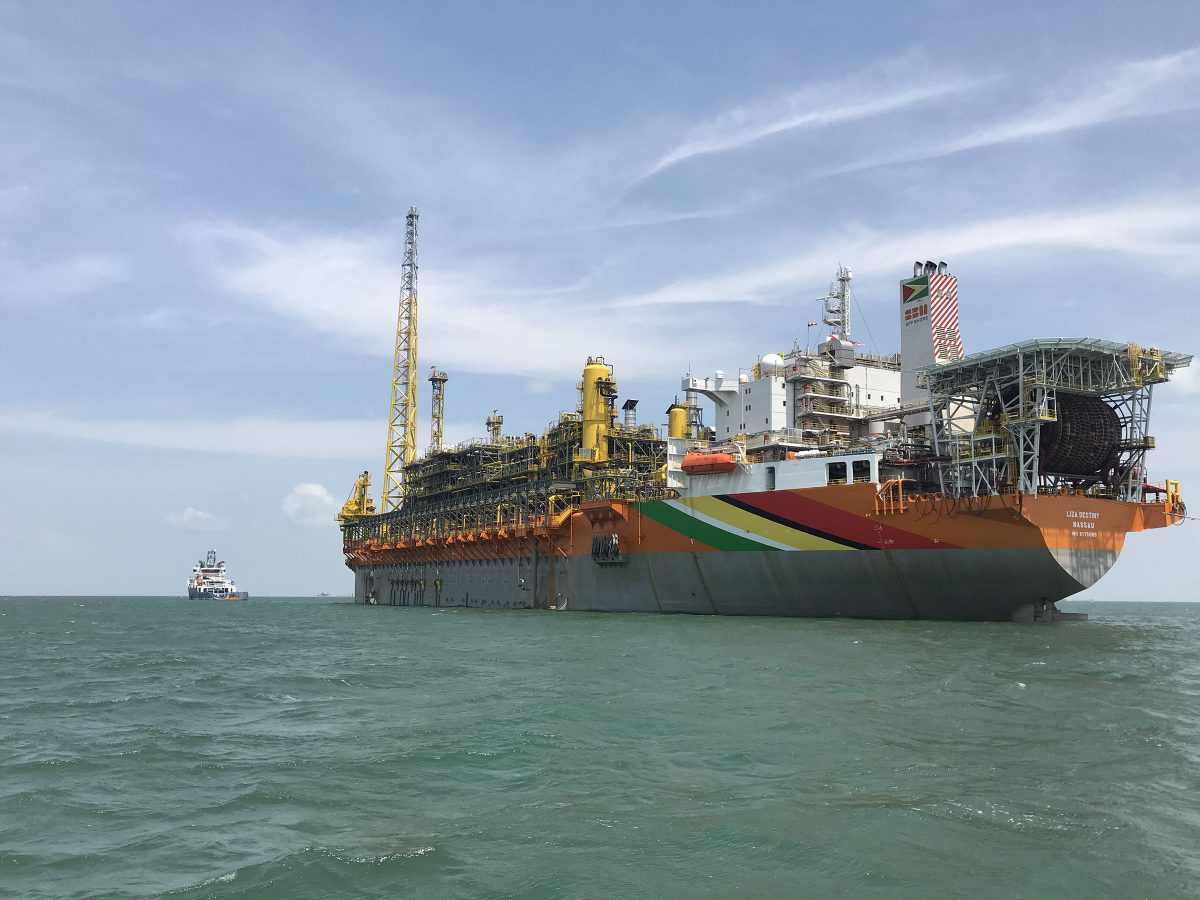 The Liza Destiny Floating Production, Storage and Offloading (FPSO) vessel, which is in Guyana’s waters, has a production capacity up to 120,000 barrels of oil per day.(ExxonMobil photo) 
