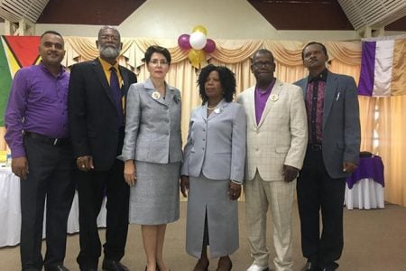 Members of the People’s Republic Party. From the left are Pastor Premraj Parshotam, the Region Six coordinator; Pastor Patrick Bourne, who is the Region 4 coordinator; Presidential Candidate Dr. Valerie Leung;Glennis Smith, Pastor Timothy Norton, and General Secretary and Linden Pastor Terrence Joseph)