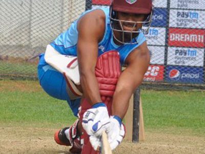 Left-hander Nicholas Pooran bats during a training session ahead of today’s second ODI. (Photo courtesy CWI Media) 