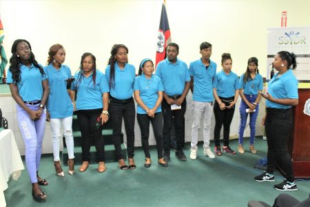 A total of 102 young people from various parts of the country now have basic tools and skills needed to  seek employment throughout Guyana and further afield.
This is as a result of a three-week Job Readiness Skills Training programme spearheaded by the Department of Youth in partnership with SSYDR Incorporated - Specialists in Sustained Youth Development and Research. The training was conducted with young people living in Regions Three, Four, Six and Ten.
The participants from Region Six performing an item about job readiness. (Ministry of the Presidency photo)