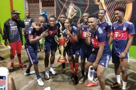 The newly crowned Rio Indoor Street ball champs Sparta Boss after defeating Bent Street at the National Gymnasium on Mandela Avenu  Saturday night.
