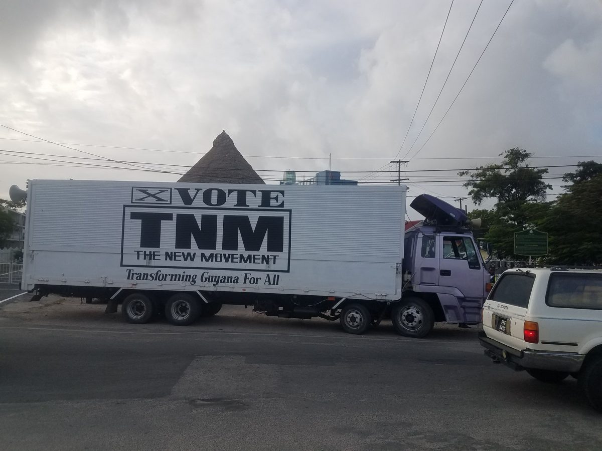The New Movement in their quest to be the first party to present their list on Nomination Day today parked their truck just in front of the Umana Yana on Wednesday.
