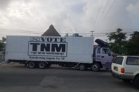 The New Movement in their quest to be the first party to present their list on Nomination Day today parked their truck just in front of the Umana Yana on Wednesday.
