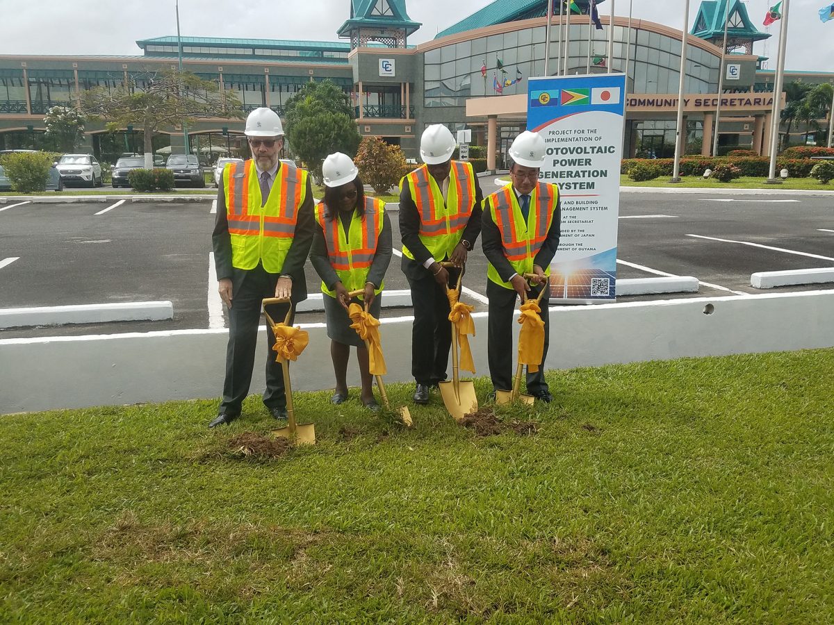 From left: Secretary General of CARICOM, Irwin LaRocque, Minister of Foreign Affairs, Dr. Karen Cummings, Minister of Public Infrastructure, David Patterson and Ambassador of Japan to Guyana and CARICOM Tatsuo Hirayama as they broke ground at the CARICOM Headquarters for the project.
