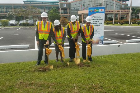 From left: Secretary General of CARICOM, Irwin LaRocque, Minister of Foreign Affairs, Dr. Karen Cummings, Minister of Public Infrastructure, David Patterson and Ambassador of Japan to Guyana and CARICOM Tatsuo Hirayama as they broke ground at the CARICOM Headquarters for the project.
