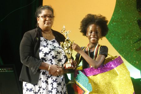 Winner of the age 8-10 Dramatic Poetry segment: Jayleigh Samuels of North Georgetown Primary. She performed “Guyanese Barrel.” (Orlando Charles photo)