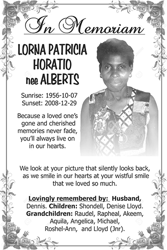 LORNA PATRICIA HORATIO NEE ALBERTS - Stabroek News