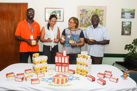 From left are Chief Pharmacist and Pharmacy Manager at SJMH,  LeAndre Charles; Managing Director of Chirosyn Discovery, Tarlika Persaud; Deputy Chief Executive Officer of SJMH,  Deborrah Ramsay and the institution’s Chief Executive Officer,  Enoch Gaskin after announcing the launch of the branded medications. (SJMH photo)