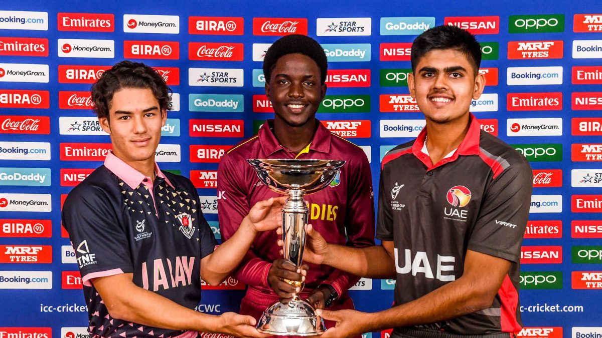 Marcus Turgate of Japan, Kimani Melius of the West Indies and Aryan Lakra of the UAE during a press conference prior to the start of the ICC U19 Cricket World Cup 2020.