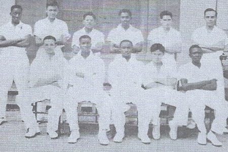 Standing: left to right) M. Baird. W.A. Chin, R.C. Bacchus, F. E. Mongul, A. Gonsalves, R. M. Glasford, Sitting: C. S. Pilgrim, A. F. R. Bishop, R. A. Gibbons (captain), W. I. Lee, L. A. Jackman, Absent: M. Moore; T. B. Richmond