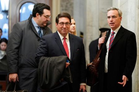 U.S. President Donald Trump's personal attorney Jay Sekulow (C) and White House counsel Pat Cipollone arrive as the impeachment trial of U.S. President Donald Trump continues in Washington, U.S., January 25, 2020. REUTERS/Joshua Roberts