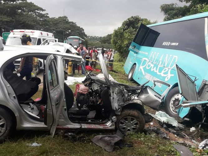 Wreckage of the Nissan March motor car that was involved in a deadly crash in Trelawny on Sunday