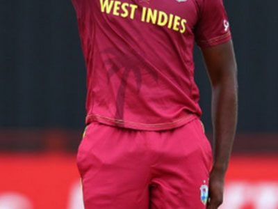 All rounder Matthew Forde does an impression of Sheldon Cottrell yesterday. Forde bagged 3-24  and he also returned to add an invaluable 78-run, sixth wicket stand with Nyeem Young which all but secured the upset victory. (Photo courtesy CWI)
