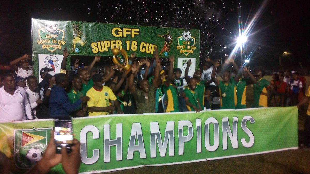 The victorious GDF unit celebrating after
 lifting the GFF Super 16 Championship 
