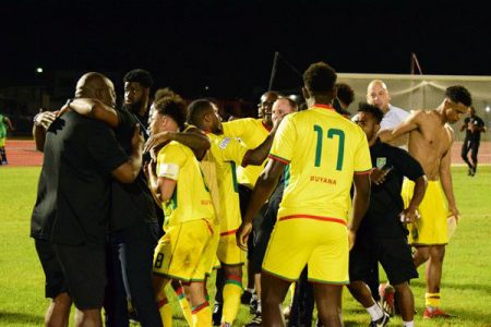 Flashback-The Golden Jaguars in celebratory mood after securing their maiden appearance at the CONCACAF Gold Cup following their victory over Belize at the National Track and Field Centre, Leonora. 