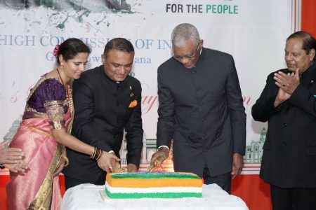 India’s 70th Republic Anniversary: President David Granger last evening attended the 70th Republic Anniversary observance of the Republic of India held at the Arthur Chung Convention Centre, Liliendaal. In this Ministry of the Presidency photo,  Granger (second from right), Indian High Commissioner to Guyana Dr. KJ Srinivasa (second from left) and his wife, Ashwini Gowdara Siddeshwara cut the Republic Anniversary cake as Prime Minister Moses Nagamootoo looks on.
