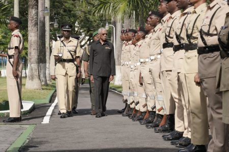 President David Granger inspecting the guard of honour this morning. (Ministry of the Presidency photo)