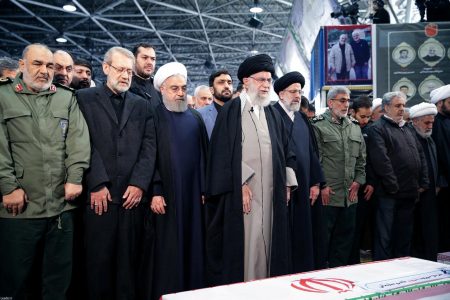 Iran’s Supreme Leader Ayatollah Ali Khamenei and Iranian President Hassan Rouhani pray near the coffin of Iranian Major-General Qassem Soleimani, head of the elite Quds Force, who was killed in an air strike at Baghdad airport, in Tehran, Iran, January 6, 2020. Official President’s website/Handout via REUTERS