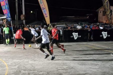 Action on the opening night in the Guinness ‘Greatest of the Streets’ Linden Championship at the Silvercity Hard-Court between Presidential [red] and Elite Ballers