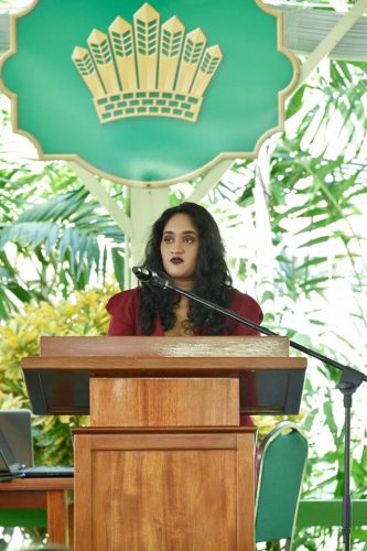 Nazima Raghubir speaking at the brunch (Ministry of the Presidency photo)