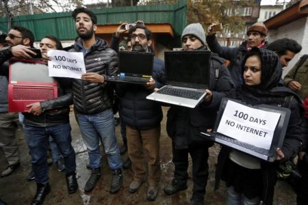 Kashmiri journalists protesting the cut off of the internet last year.  (Danish Ismail.Reuters file photo)