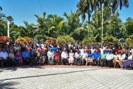 President David Granger, First Lady, Sandra Granger and Ministers of the Government with members of the Media and the Public Information and Press Service Unit of the Ministry of the Presidency at yesterday’s brunch. (Ministry of the Presidency photo)