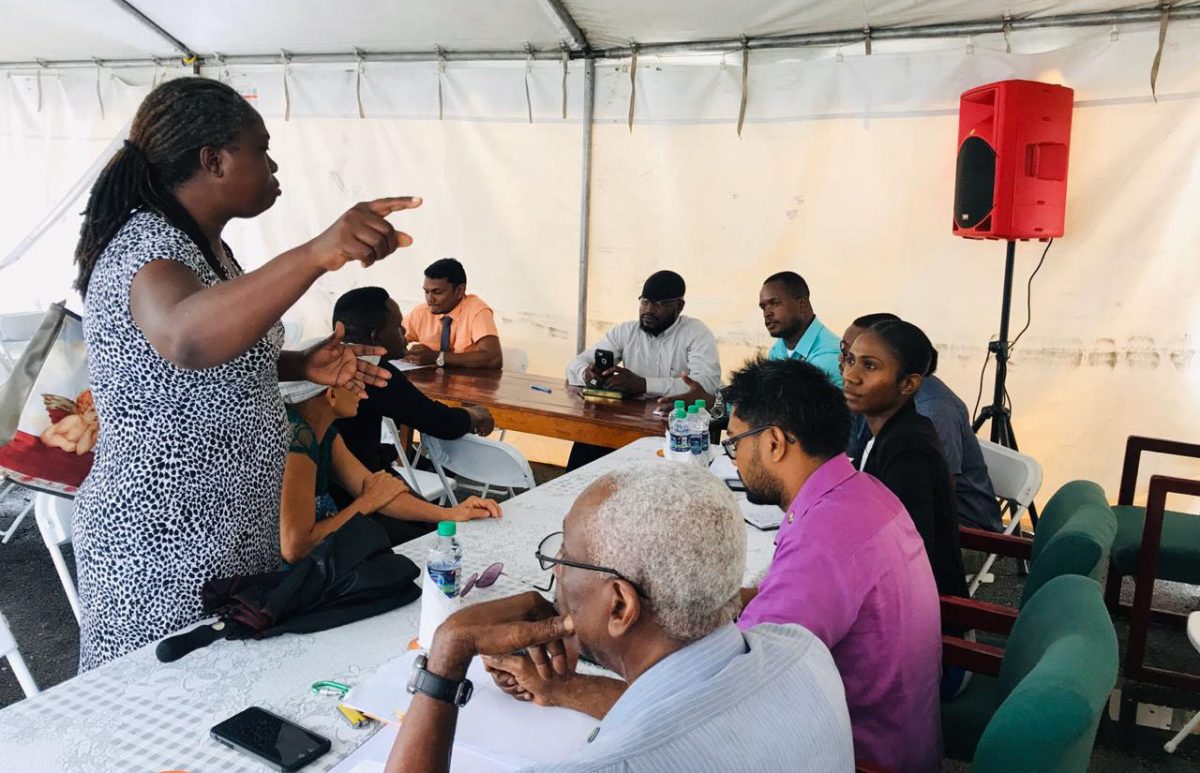 A citizen airing her concern on drainage to the mayor, councillors and other officers of the council on Tuesday during the Georgetown municipality’s Public Day engagement.
