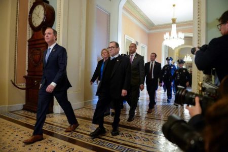House Managers Rep. Adam Schiff (D-CA) and Rep. Jerry Nadler (D-NY) walk to the Senate Floor for the start of the Senate impeachment trial of U.S. President Donald Trump in Washington, U.S., January 21, 2020. REUTERS/Mary F. Calvert