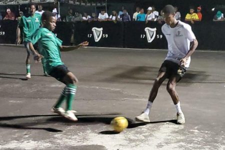 Part of the quarterfinal action on Saturday at the Amelia’s Ward Hardcourt in the Guinness ‘Greatest of the Streets’ Linden Championship between defending champion High Rollers and Silver Bullets.
