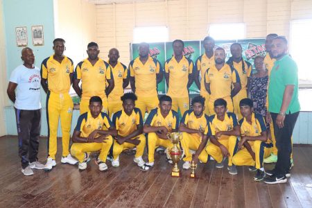 Champions! Rose Hall Town Namilco Thunderbolt Flour pose with their spoils after winning the BCB/Stag Beer 50-over First-Division tournament (Romario Samaroo photo)
