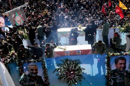 Iranian people attend a funeral procession and burial for Iranian Major-General Qassem Soleimani, head of the elite Quds Force, who was killed in an air strike at Baghdad airport, at his hometown in Kerman, Iran January 7, 2020. Mehdi Bolourian/Fars News Agency/WANA (West Asia News Agency) via REUTERS
