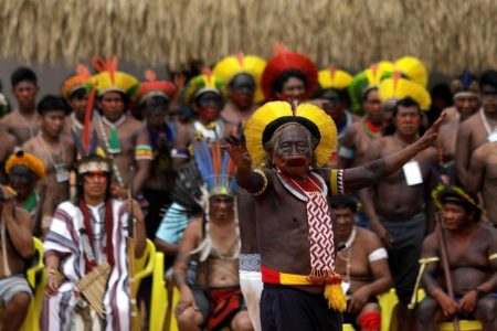 Indigenous leader Cacique Raoni of Kayapo tribe delivers a speech during a four-day pow wow in Piaracu village, in Xingu Indigenous Park, near Sao Jose do Xingu, Mato Grosso state, Brazil, January 17, 2020. REUTERS/Ricardo Moraes