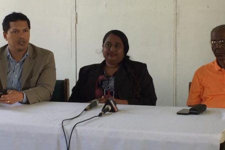 Leaders of the three parties: from left Lenox Shuman (LJP), Asha Kissoon (TNM) and Ralph Ramkarran (ANUG) at a joint press conference yesterday morning. 