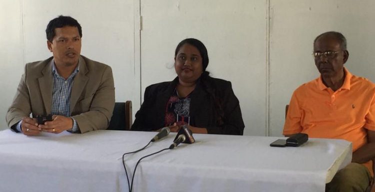 Leaders of the three parties: from left Lenox Shuman (LJP), Asha Kissoon (TNM) and Ralph Ramkarran (ANUG) at a joint press conference yesterday morning. 