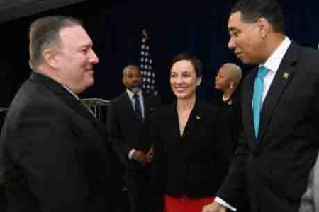 US Secretary of State Mike Pompeo (left) in talks with Jamaica’s Foreign Affairs Minister Kamina Johnson Smith and Prime Minister Andrew Holness - Rudolph Brown photo