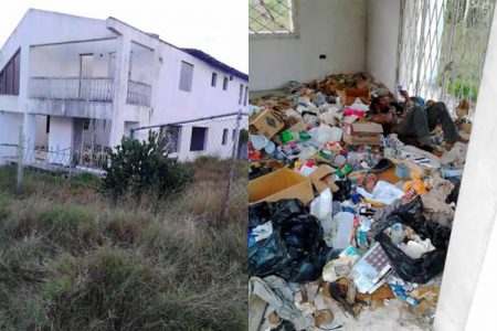 This garbage-strewn house taken over by mentally ill vagrants in May Pen.  Left: A homeless man lies down amid a sea of garbage in an abandoned house on Trenton Crescent in May Pen, Clarendon.