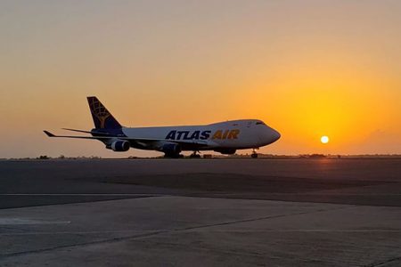 The Atlas Air (747-400) N475MC cargo aircraft which delivered Ballot Papers and Statement of Polls just as the sun rose at the Cheddi Jagan International Airport yesterday. (CJIA photo)
