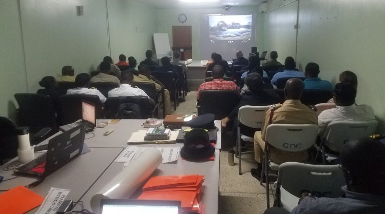 Representatives from the various organisations viewing an educational video on oil spills at the CDC’s tabletop exercise on Wednesday
