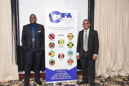 Partners of the recently established forensic auditing firm, Caribbean Institute of Forensic Accounting (CIFA) Guyana Inc, Guyanese  Chateram Ramdihal (right) and Trinidadian Stephon Grey.