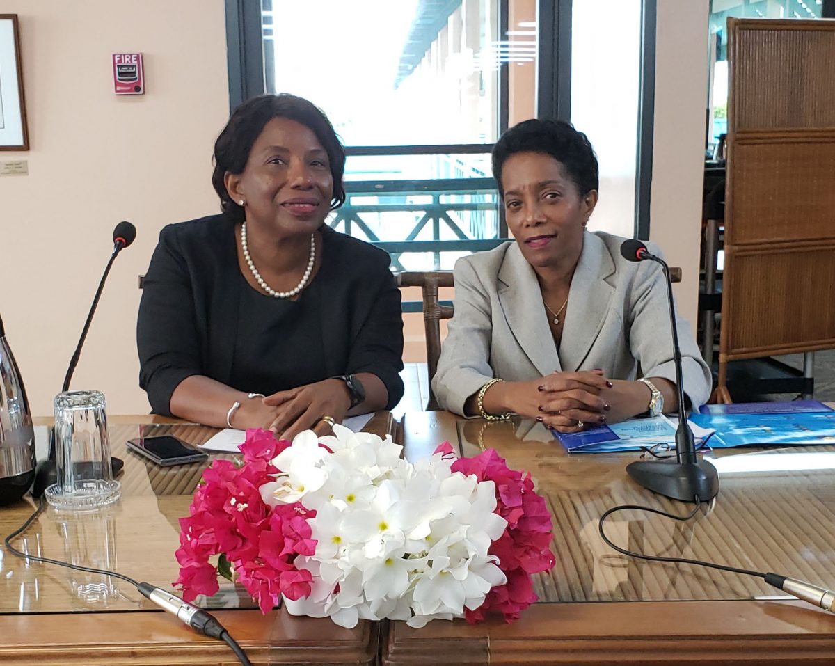 Valerie Odle of the CARICOM Secretariat and Chief of Mission Cynthia Combie-Martyr (at right) during the media briefing