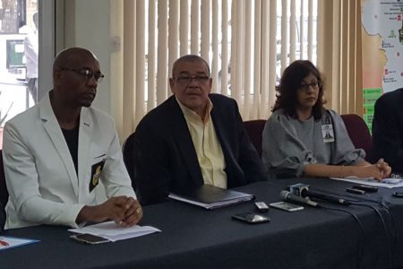 GRA Commissioner-General Godfrey Statia (third, from right) with other members of his team at yesterday’s news conference at the GRA headquarters on Camp Street
