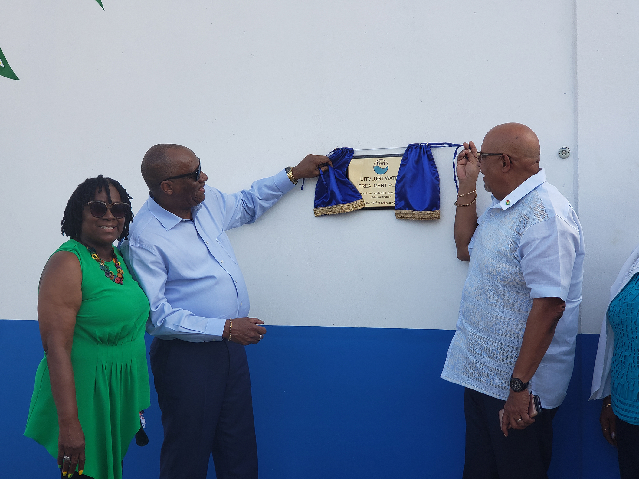 Director General of Ministry of the Presidency Joseph Harmon and Managing Director of GWI Dr Richard Van West-Charles unveiling the plaque at the commissioning of the Uitvlugt water treatment plant