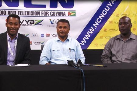 From left to right, NCN Marketing Manager Dellon Murray, GCB Secretary Anand Sanasie and Territorial Development Officer Colin Stuart at the announcement yesterday.
