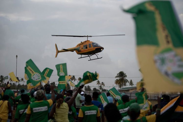 The Guyana Defence Force helicopter used by President David Granger to travel to the Hopetown Community Centre Ground on Wednesday, January 8th. (APNU+AFC photo)
