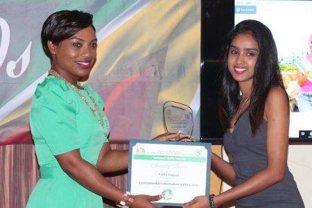 Lalita Gopaul receiving her National Youth Award last year for her work in environmental conservation and protection
